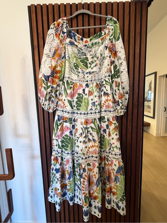 FARM Rio Dresses & Skirts - FARM Rio White Tiered Midi Dress with Green, Blue and Orange Floral Print
